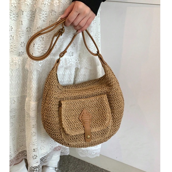 Boho Straw Lightweight High Capacity Pocket Shoulder Crossbody Bag - Picture 2 of 8